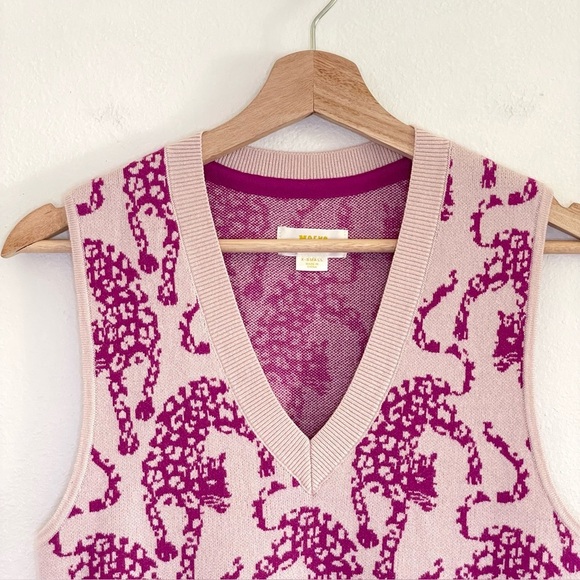 Anthropologie Maeve Jacquard Sweater Vest V Neck Pink Jaguar Cat Print XS - Picture 8 of 15